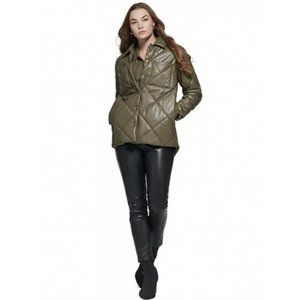 Calvin Klein Women's Faux Leather  Button Front Quilted Jacket Olive  S